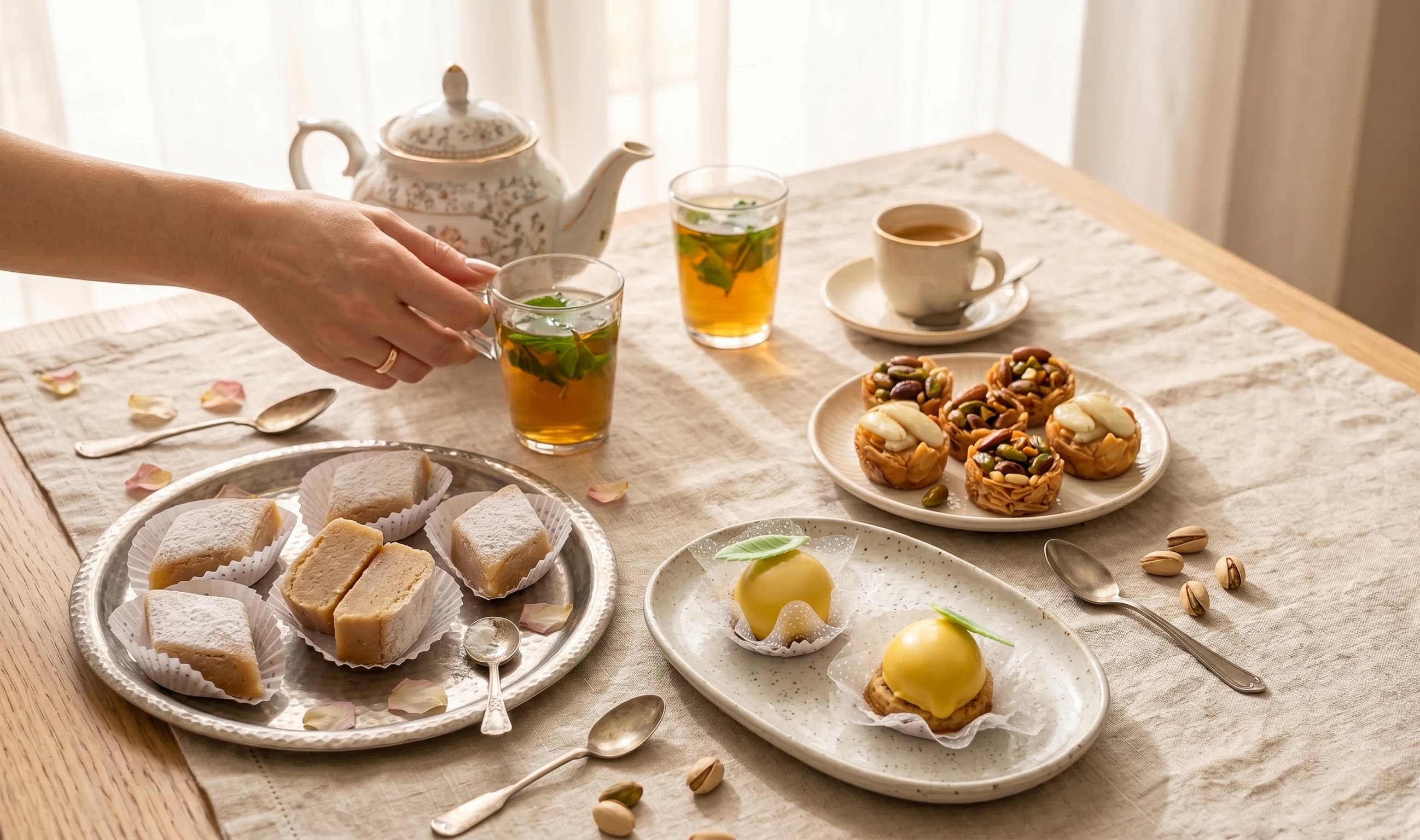 Tavola con tè, caffè e dolci algerini da condividere