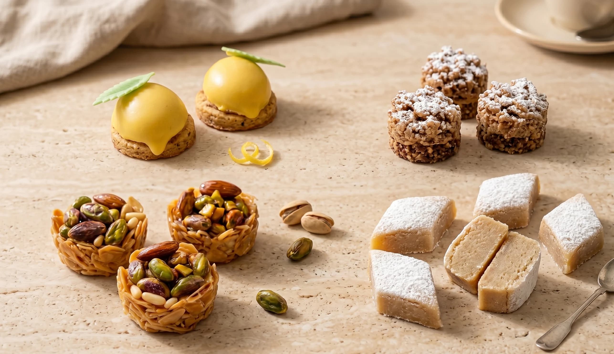 Assortimento di Limone d'Algeri, cestini al pistacchio, Taminat e Castel al caffè